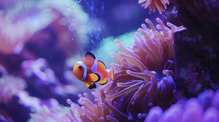A detailed shot of a clownfish swimming among sea anemones in a reef tank.