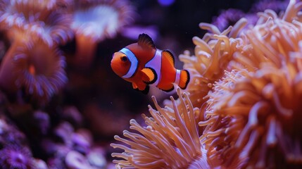 A detailed shot of a clownfish swimming among sea anemones in a reef tank.