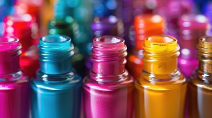 A detailed shot of colorful nail polish bottles arranged in a row.