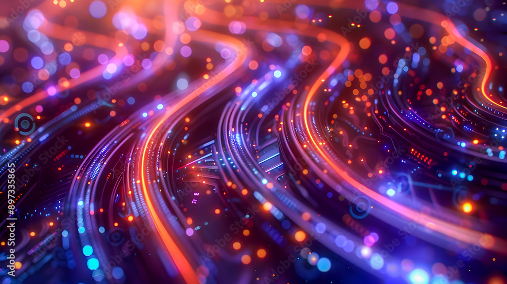 Poster stylized 3d of glowing cables in a futuristic network with dynamic angles and an extreme close up vi