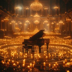 Serene Beauty: A Grand Piano Amidst Candlelit Elegance in a Dimly Lit Concert Hall