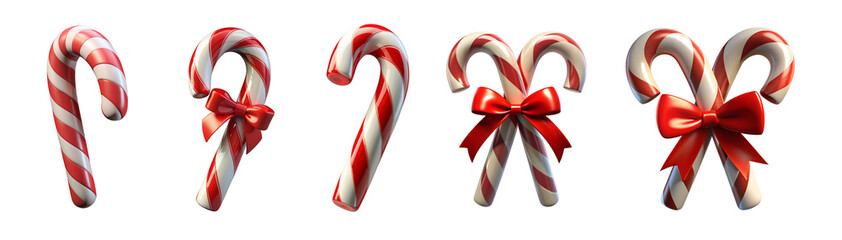 Set of realistic Christmas candy cane isolated on transparent background. Template for a greeting card for Christmas and New Year. Christmas stick. Santa candy cane with striped pattern and bow.