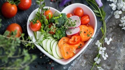 A heart-shaped dish with assorted vegetables, placed on a nutritionist's desk, representing healthy eating.