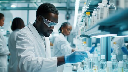Diverse team of scientists working together on medical vials in a modern pharmaceutical laboratory. Collaboration, modern technology and a clean, professional environment.