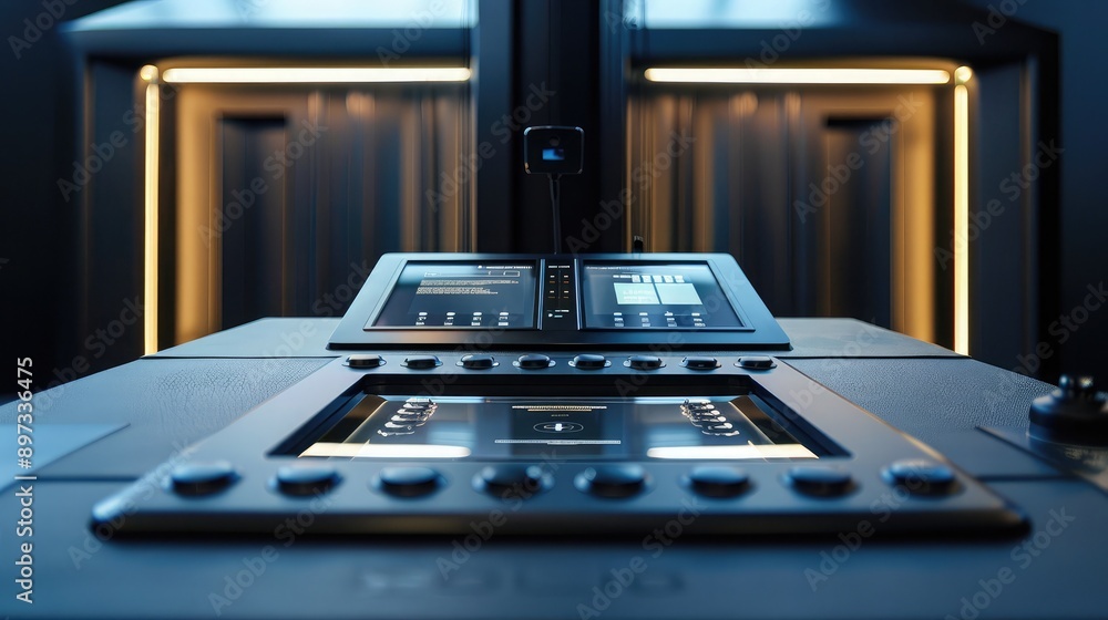 Poster a high-tech podium with touch screen controls and a sleek design.