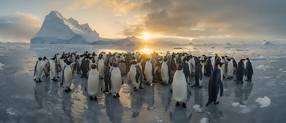 Obraz premium Aerial wide view over the Earth's South Pole Area of Photographs of Penguin reflect the daily life in various poses of wild animals in groups of families or species societies