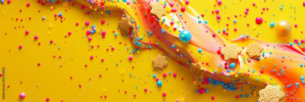 Poster a dynamic and colorful splash with sprinkles and crumbs creating a vivid modern abstract background.