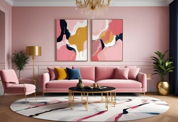 A mockup poster frame is on the wall of the living room. Luxurious apartment background with contemporary design. Modern interior design. 3D render