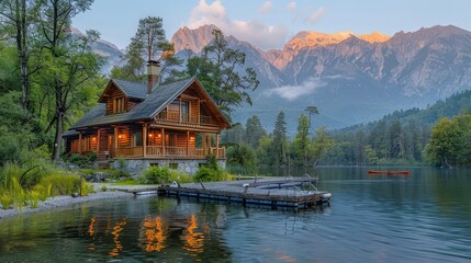 Fototapeta premium Serene Lakeside Cabin in the Majestic Mountains