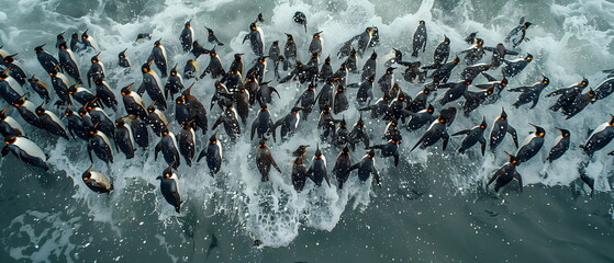 Fototapeta premium Aerial wide view over the Earth's South Pole Area of Photographs of Penguin reflect the daily life in various poses of wild animals in groups of families or species societies