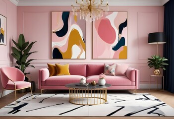 A mockup poster frame is on the wall of the living room. Luxurious apartment background with contemporary design. Modern interior design. 3D render