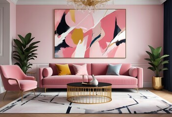 A mockup poster frame is on the wall of the living room. Luxurious apartment background with contemporary design. Modern interior design. 3D render