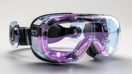 A sleek VR headset with transparent design and black frame, showing internal structure with purple and blue accents