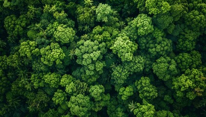 Fototapeta premium Aerial view of dense green forest, top down view of nature landscape with tree canopy from above