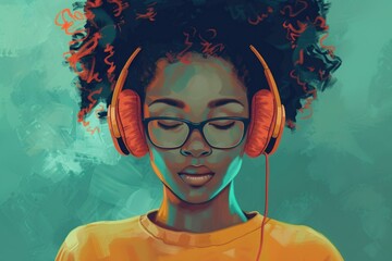 A person wearing headphones and glasses enjoying her favorite song