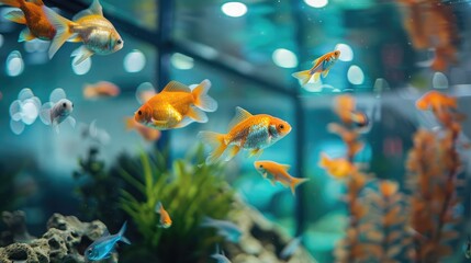 A modern fish tank with sleek design and LED lighting, showcasing a variety of fish.