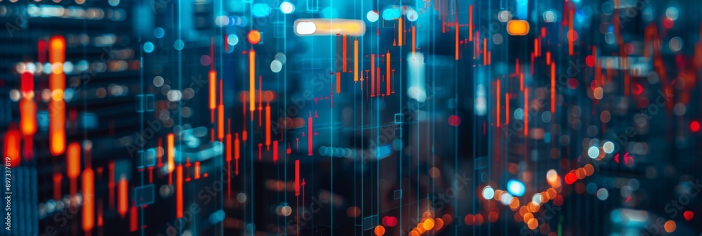 Poster abstract image depicting financial market analysis with illuminated data and cityscape in the backgr