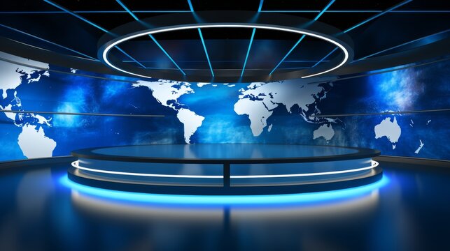Digital news studio background for live coverage and reporting of breaking world news
