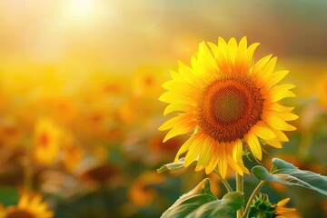 Obraz premium A single sunflower stands tall in a field of its peers, surrounded by bright yellow blooms