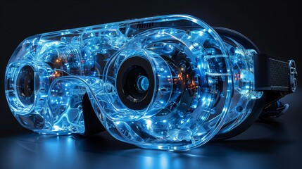 Stylish VR headset with futuristic design and blue LEDs. Sleek, modern look makes it stand out on reflective surface