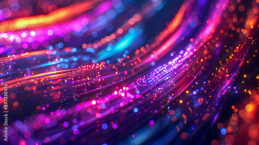 Poster glowing fiber optic cables in vibrant neon colors with captivating atmosphere a close up view of dyn