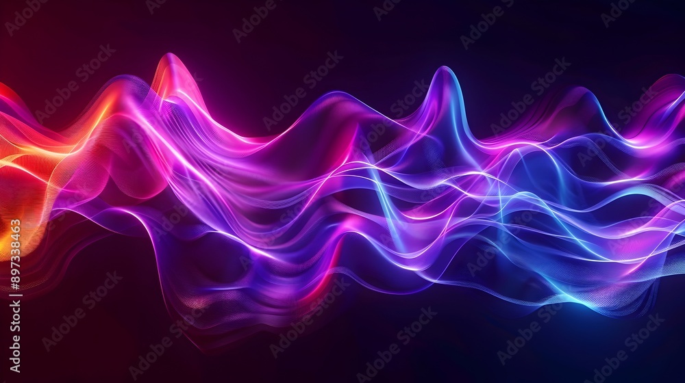 Poster vibrant neon sound waves - abstract 3d music background with dynamic fluid motion