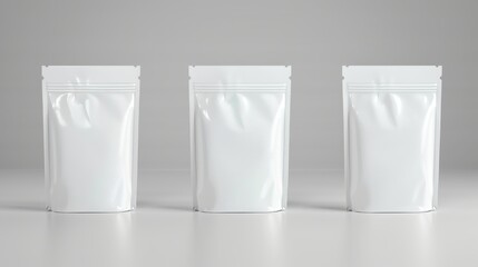 Three White Stand-Up Pouches on Gray Background