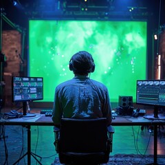 Creative Multimedia Artist in Headphones at High-Tech Green Screen Studio with Multiple Monitors