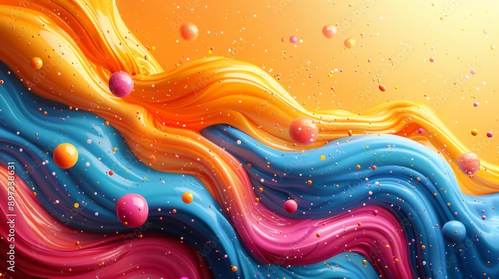 Poster colorful abstract waves with vibrant spheres and dynamic particles, creating an energetic visual spl