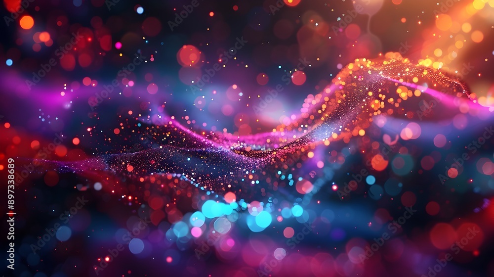 Poster mesmerizing 3d music visualizer with vibrant colorful particles in dynamic ethereal backdrop