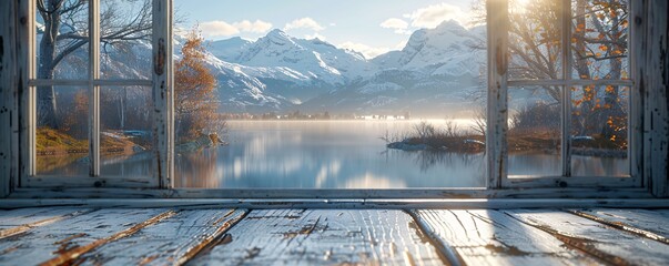 Fototapeta premium A stunning view of a lake surrounded by snow-covered mountains, visible through a sunlit window. Trees encircle the lake with a wooden floor in sight