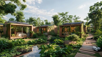 Obraz premium representation of an urban garden with solar panels, symbolizing green urban living.