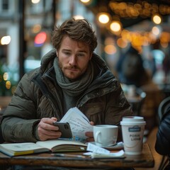 Modern Urban Leisure: A Man Engrossed in Smartphone Reading at a Coffee Shop Table