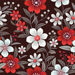 Beautiful red and white flowers on black background seamless pattern. This pattern can be used for fabric textile wallpaper background.