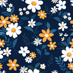 Blooming white and yellow flowers on navy blue color seamless pattern for fabric textile wallpaper.
