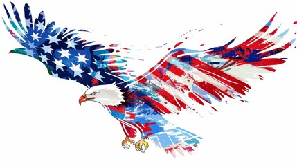 Naklejka premium Majestic Eagle and American Flag Digital Illustration on White Background.