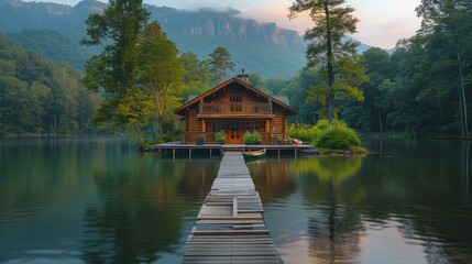 Fototapeta premium Serene Lakeside Cabin in the Misty Mountains