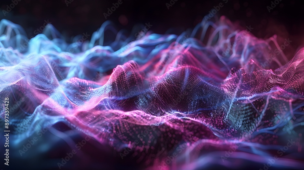 Poster holographic 3d sound waves in ethereal void:striking digital background music visualization