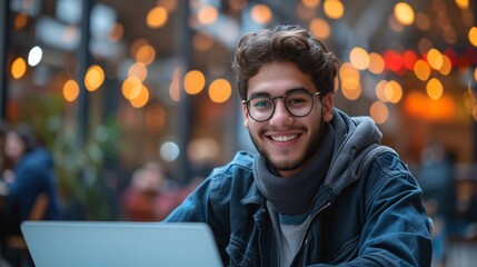 Obraz premium A young man in a blue jacket and glasses sits at a cafe table with a laptop, smiling at the camera. There is a warm glow from lights in the background