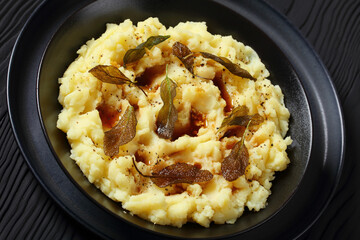 Brown Butter Potato Mash with fried sage leaves