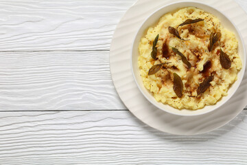 Brown Butter Potato Mash with fried sage leaves