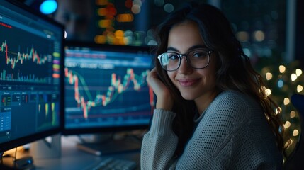 Naklejka premium A woman sits in front of two computer monitors displaying stock market charts. She smiles directly at the camera, and she appears to be working on a project related to the stock market