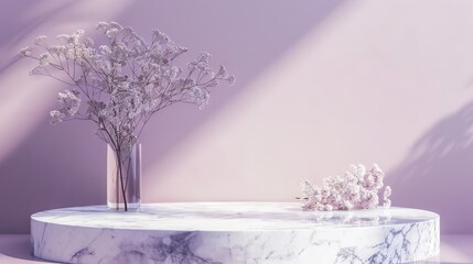Obraz premium mauve pastel background, marble showcase platform, professional photo, flat lighting