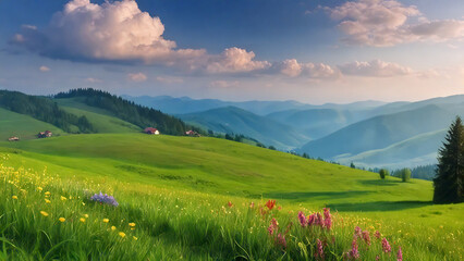 Grass covered mountainous hill slopes in sunset