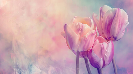 Obraz premium Tulips in soft pastel tones and vintage colors with a blurred background.