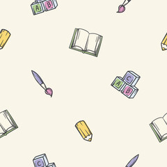 Simple baby seamless pattern with icons of toys for children and creative tools. Endless background with pencil, brush, book and cubes pictograms. Color illustration for wrapping paper, banner, print