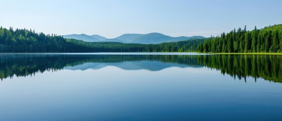 A lake panoramic view with crystalline reflections, highlighting the clear, mirrorlike surface and tranquil surroundings, banner, with copy space