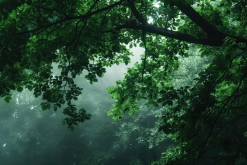 Fototapeta premium A lush forest canopy with morning mist in spring, capturing the fresh greenery and mystical atmosphere, banner, with copy space