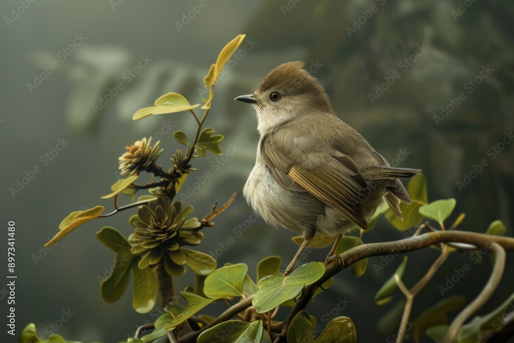 Poster a small bird sits on the branch of a tree, its feathers fluffed up