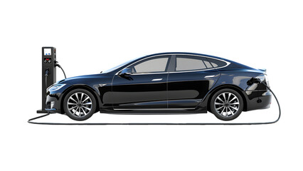 Electric car charging at a charging station isolated on a transparent background, PNG